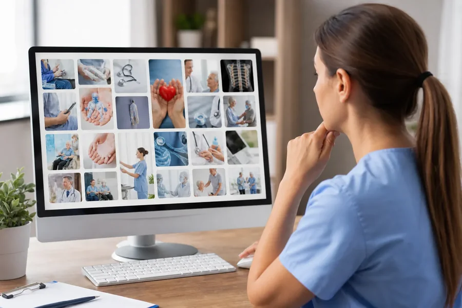 Healthcare Professional Browsing Medical Images Woman in blue scrubs views a grid of healthcare pictures on a desktop monitor, resting one hand beneath her chin.