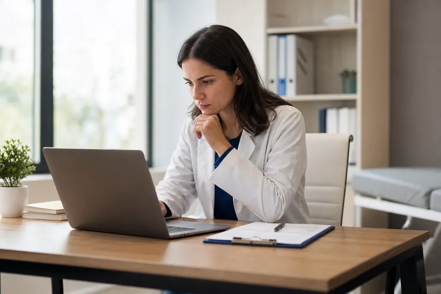 Healthcare Professional Reviewing a Laptop A woman in a white medical coat studies a laptop at a wooden desk, with a clipboard and pen beside her.