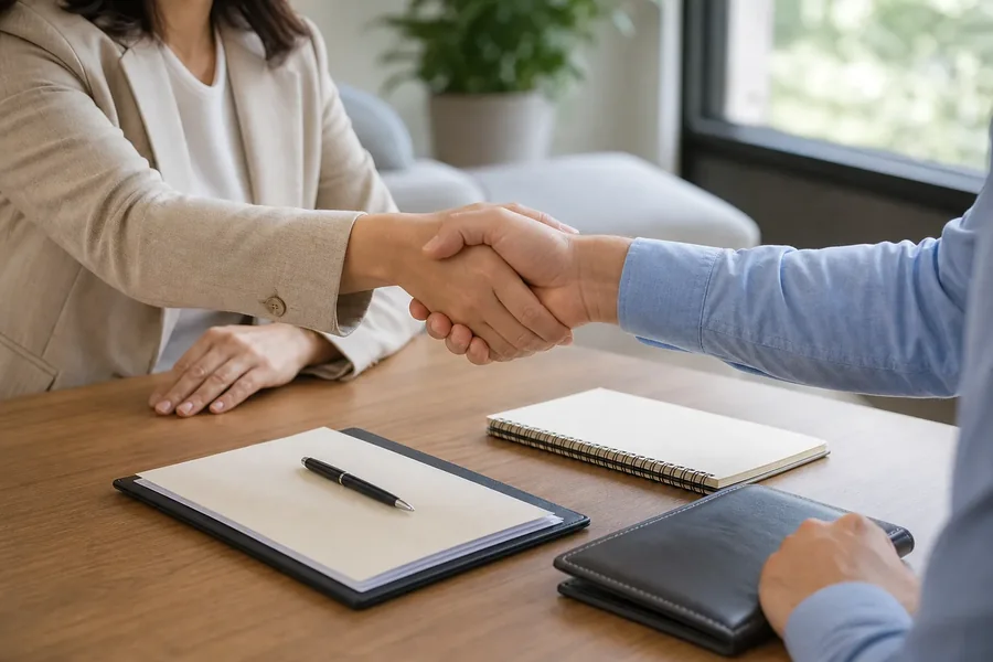 Business Handshake Across a Desk With Documents Two people shake hands across a wooden desk with a pen, blank papers, a spiral notebook, and a black portfolio.