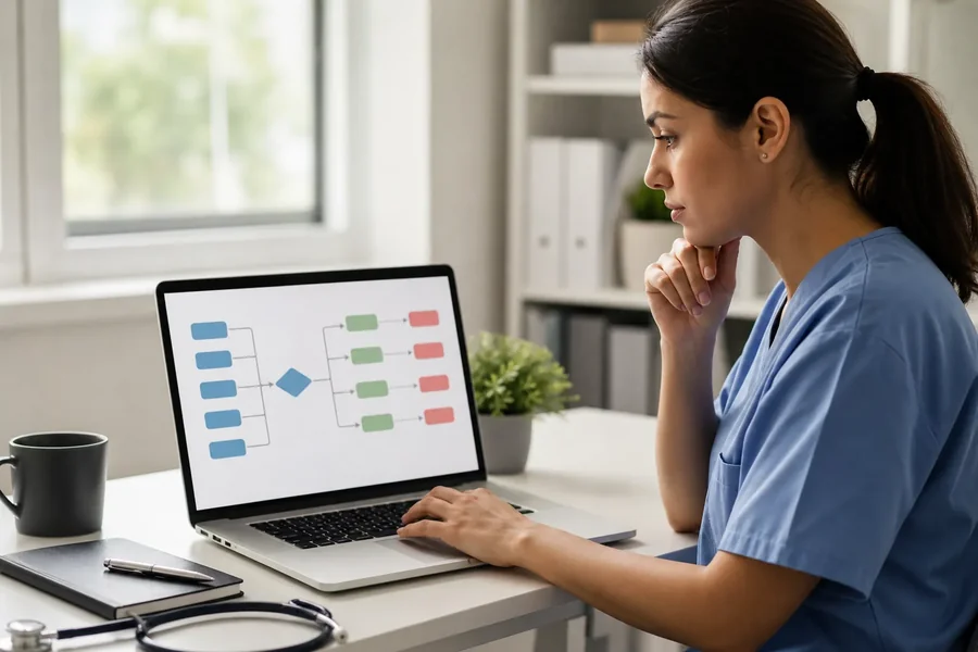Healthcare Worker Reviewing a Laptop Flowchart A woman in blue scrubs studies a colored flowchart on a laptop, with a stethoscope, notebook and mug on the desk.