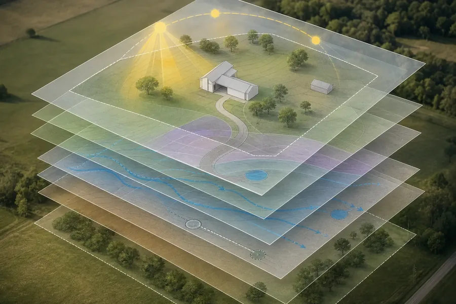 Conceptual aerial rendering of a rural house and driveway with layered site-planning overlays showing sunlight, boundaries, terrain, drainage paths, and utility points