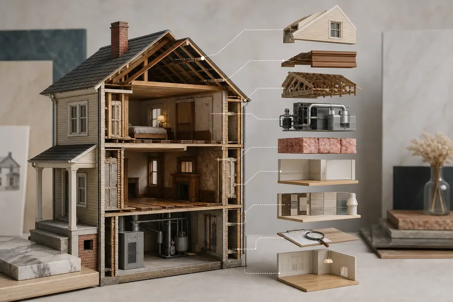 Cutaway architectural model of a multi-story house beside separated examples of roofing, framing, mechanical systems, insulation, interior finishes, plans, and a finished room.